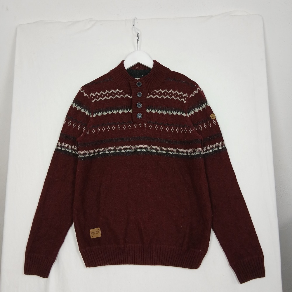 Point Zero Black Label Mens Small Burgundy Fair Isle Mock Neck Button Sweater